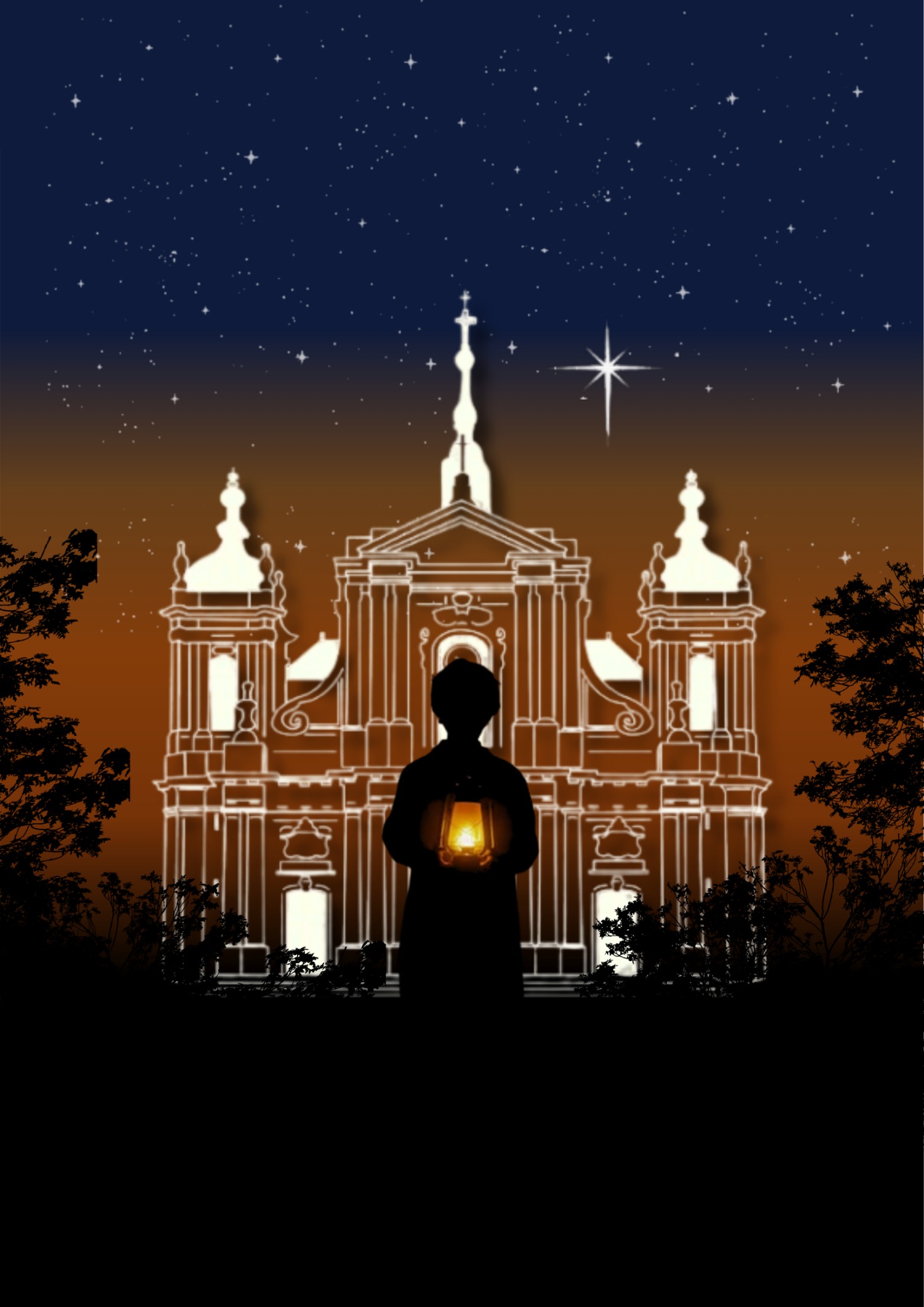 Un enfant tenant une lanterne devant la cathédrale Saint-Louis de Versailles, sous l'étoile de la Nativité